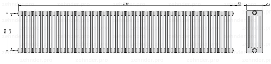 Схема (чертеж) Радиатор Zehnder Charleston 6110/60 №1270 Белый глянцевый RAL 9016